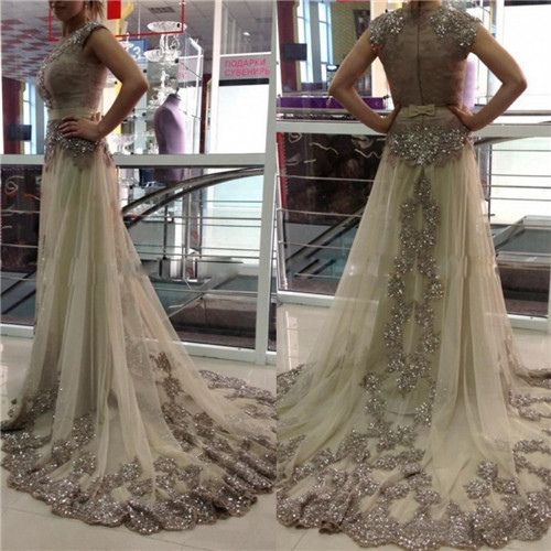 

2020 Sexy Champagne Dresses Kaftan Dubai Arabic Wedding Dresses Sheer Jewel Neck Cap Sleeves Tulle A Line Bridal Gowns Applique Beads