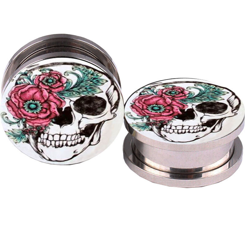

Rose And Sugar Skull Logo Ear Plugs 5-16mm Plug Tunnel Summer Jewelry Earrings Plugs And Tunnels Ear Gauges Piercings, Silver