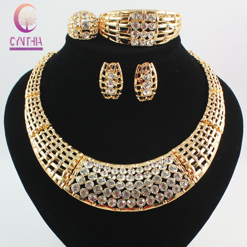 

Fashion African Costume Jewelry Sets 18k Gold Plated Crystal Chunky Necklace Bangle Earrings Ring Women Bridal Party Gift Set