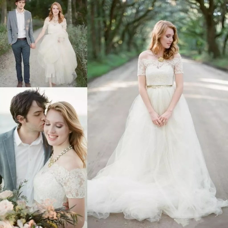 

Vintage BHLDN A Line Boho Wedding Dresses With Belt Off Shoulder Short Sleeves Lace Appliques Custom Made Garden Country Beach Bridal Gowns, White