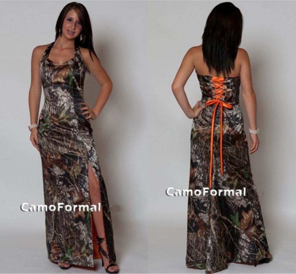 

Halter Lace-up Back Camo Bridesmaid Dresses Split Side Sexy Camouflage Print Floor Length Bridesmaid Dresses Cheap Plus Size Formal Dresses, Same as image