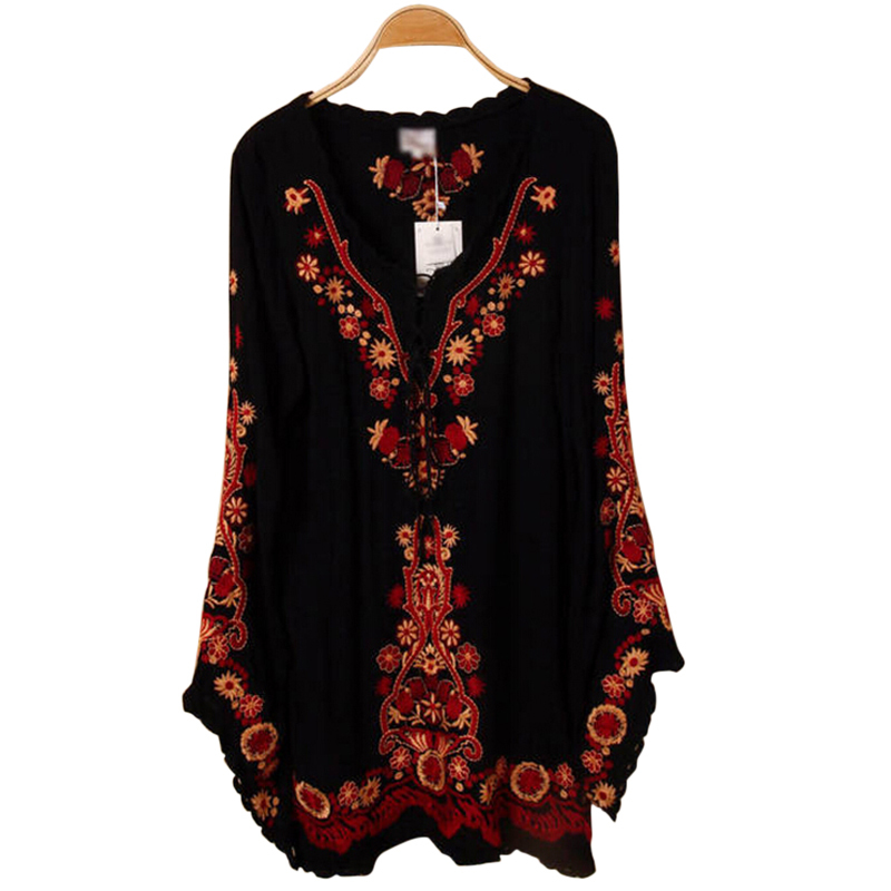 

new ethnic Women's Long Sleeve Embroidered Floral Boho Top Tunic Mexican Gypsy Mini dress
