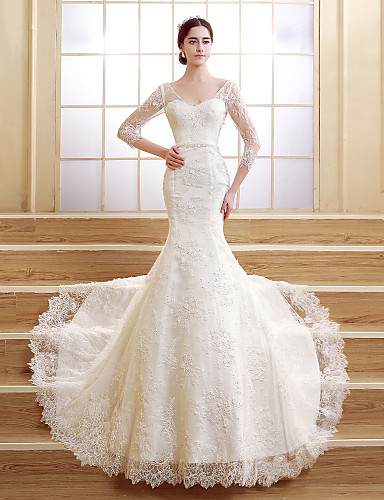 

2016 Best Sale Fashion Custom Made Trumpet/Mermaid Charming White V-neck Sleeve Perals Sweep/Brush Train Tulle Wedding Dresses 212, Ivory