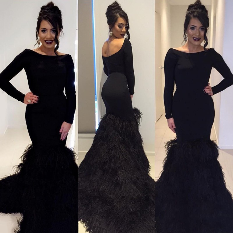 

Luxury Feather Long Sleeves Dresses Party Evening Sexy Black Mermaid Prom Dress Bateau Neckline Formal Gowns, Coral
