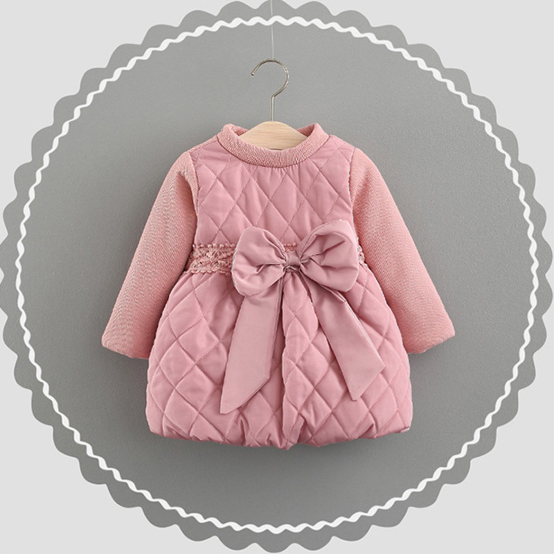 

Warm Winter Long Sleeve Princess Infants Baby Kids Girl Infantil Tutu Bow Lace Party Velvet Thicken Dress Vestidos, Pink