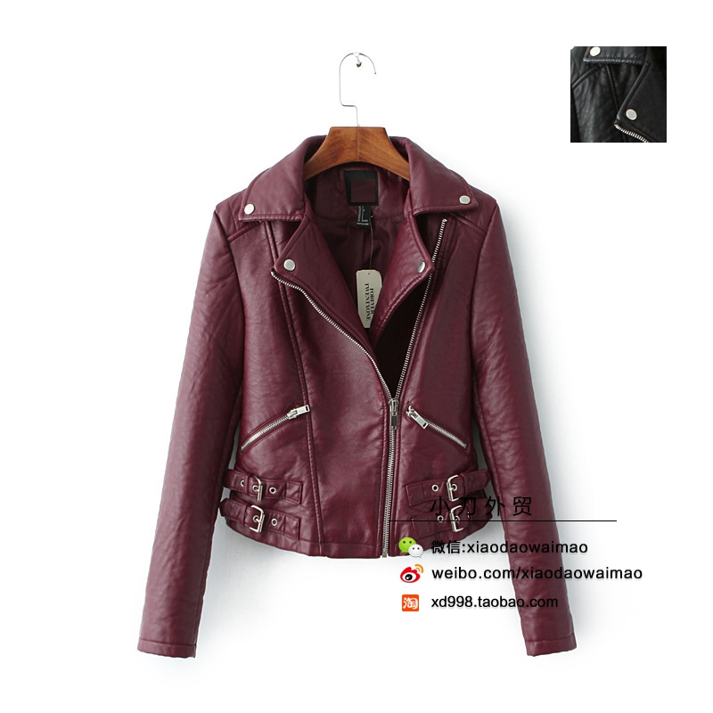 

American single autumn new ladies short paragraph Slim burgundy atmosphere thicker composite leather motorcycle jacket female models, Black
