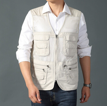 

Men's Vests Fall-Summer Waistcoat Quinquagenarian Water Wash Cotton Vest Male Multi-pocket Pography Sport, Beige