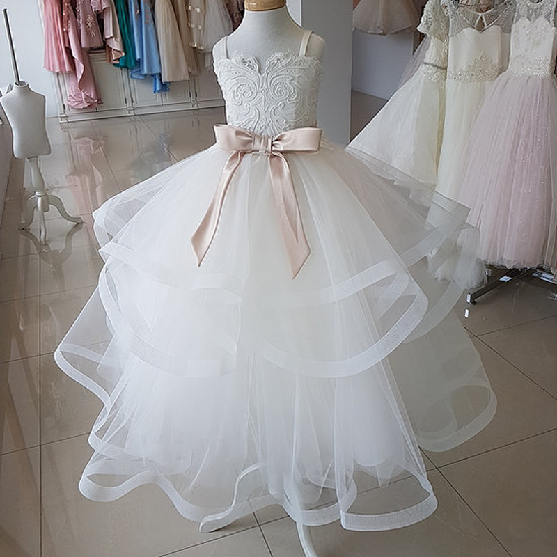 

Romantic Flower Girls Dresses Ivory Soft Tulle with lace Applique Floor Length Girls Party Dresses Custom Made New Arrival Real Picture, Fuchsia