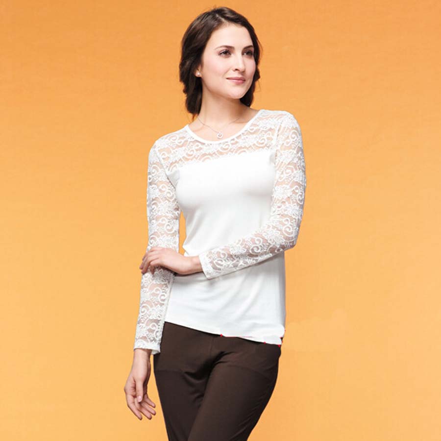 

New Arrival Ladies' Spring Autumn Casual Cotton Lace Long Sleeve T Shirt V Neck Patchwork Blouse, Ivory