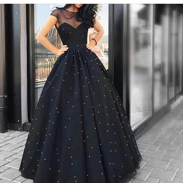 

Illusion Scoop Puffy A-Line Prom Dresses Black Skirt with Pearls Elegant Formal Dresses Cap Sleeve Long Evening Party Dresses, Dark green