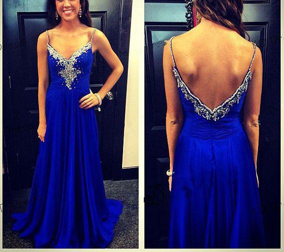 

Royal Blue Sparking Crystal Prom Dresses 2016 A Line Chiffon Ruffes Robe De Soriee Sapghetti Straps Sexy Backless Party Prom Gowns, Dark green