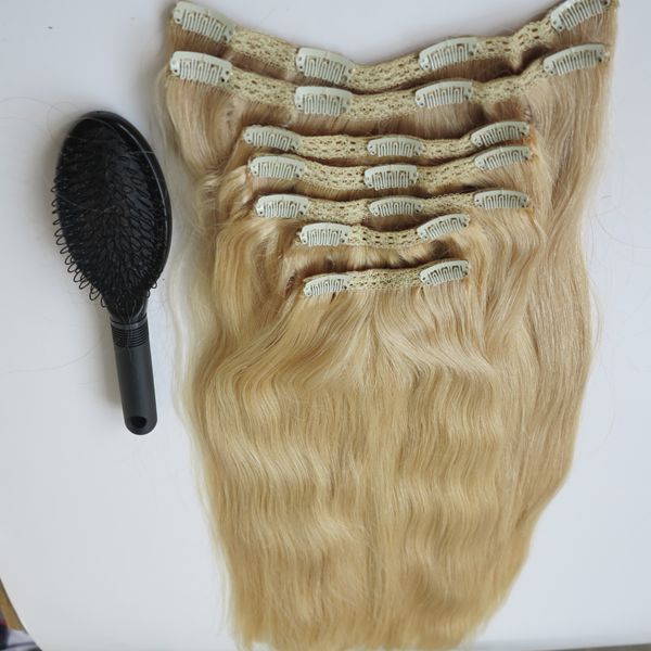 

260g 20 22inch Brazilian Clip in hair Extension 100% humann hair 60#/Platinum Blonde Remy Straight Hair weaves 7pcs/set free comb