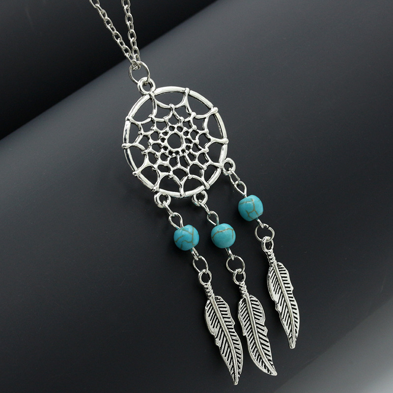 

Hot sale Dream Catchers choker necklaces vintage silver wings feather leaf turquoise pendant adjustable necklace for women s Fashion Jewelry