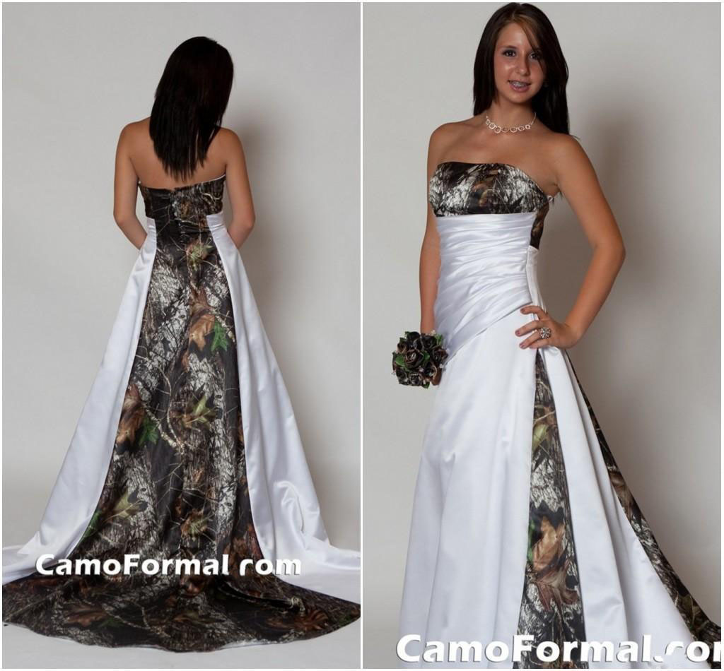 

2016 New Arrival Strapless Camo Wedding Dress with Pleats Empire Waist A line Sweep Train Realtree Camouflage Bridal Gowns, Ivory