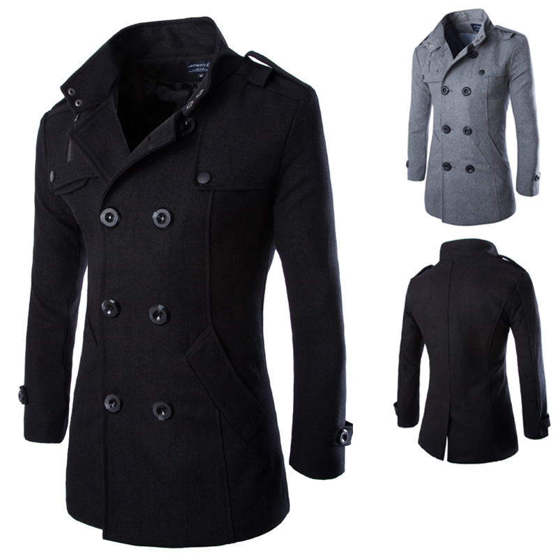 

Fall-New Autumn 2016 Mens Woolen Coat Double-Breasted Stand Collar Overcoats For Men Fashion Casual Gray Trench Coats 2 Colors, Grey