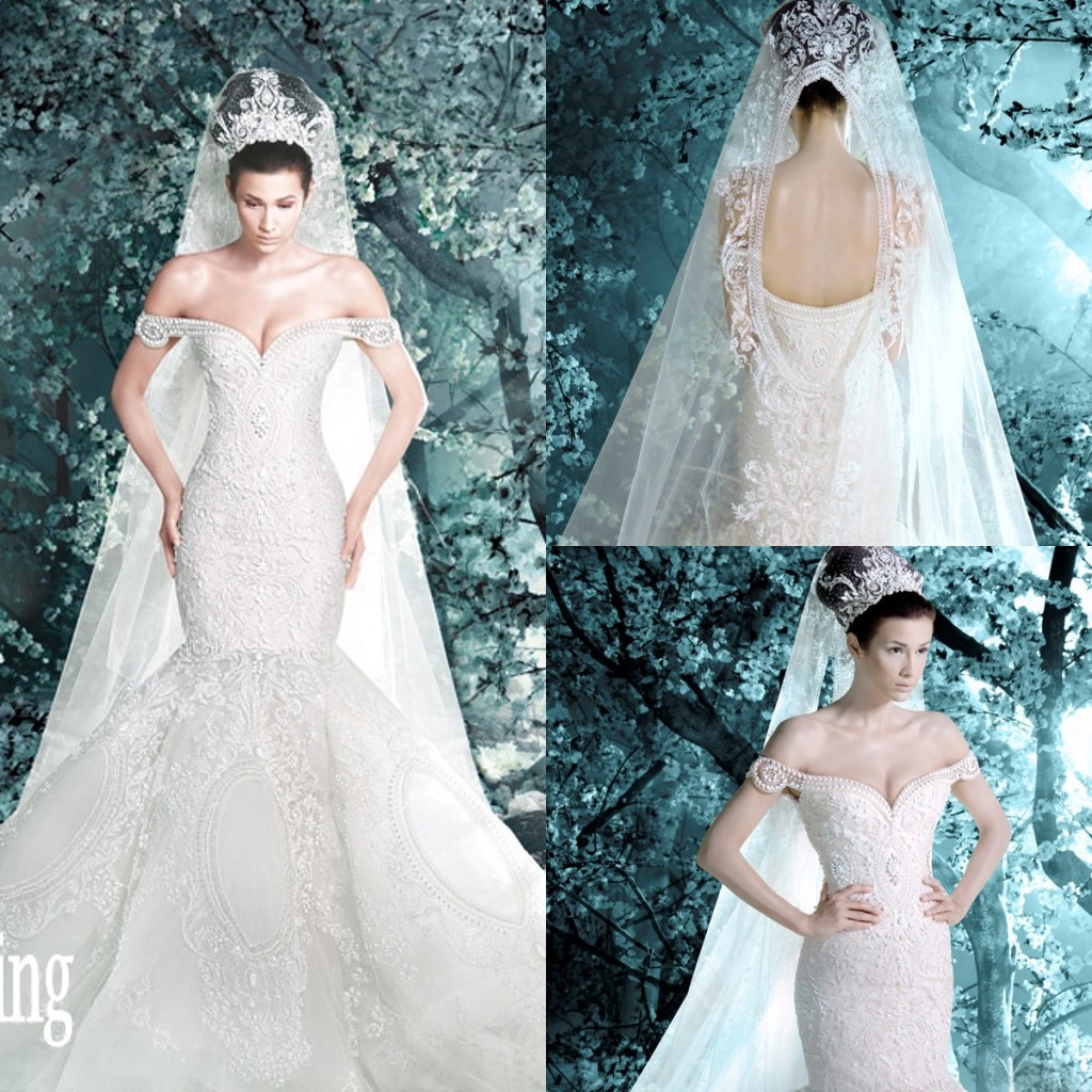 New Luxury Micheal Cinco Vintage Wedding Dresses Off The Shoulder Garden Mermaid Lace Applique Pearls Bridal Gowns With Veil DL1314214