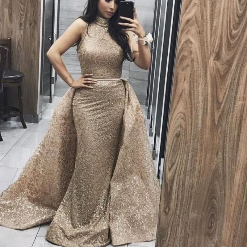 

Golden Lace Mermaid Evening Dress With Over-Skirt High Neck Beaded Applique Sleeveless Evening Gowns Gorgeous Luxury Red Carpet Dress, Chocolate