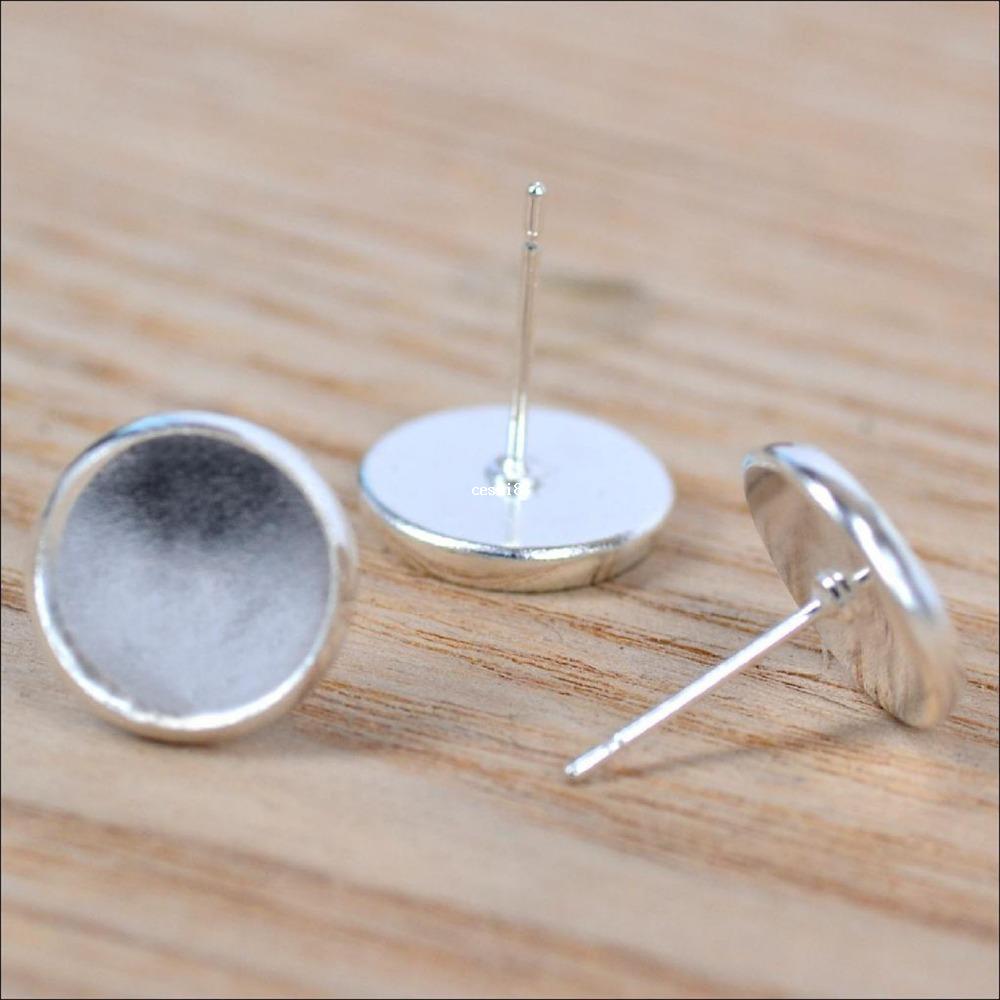 

30PCS 10mm 8mm Silver Plated Earring Post Ear Stud Round Cabochon Blanks Cameo Settings Copper DIY Jewelry Findings 2014 Sale
