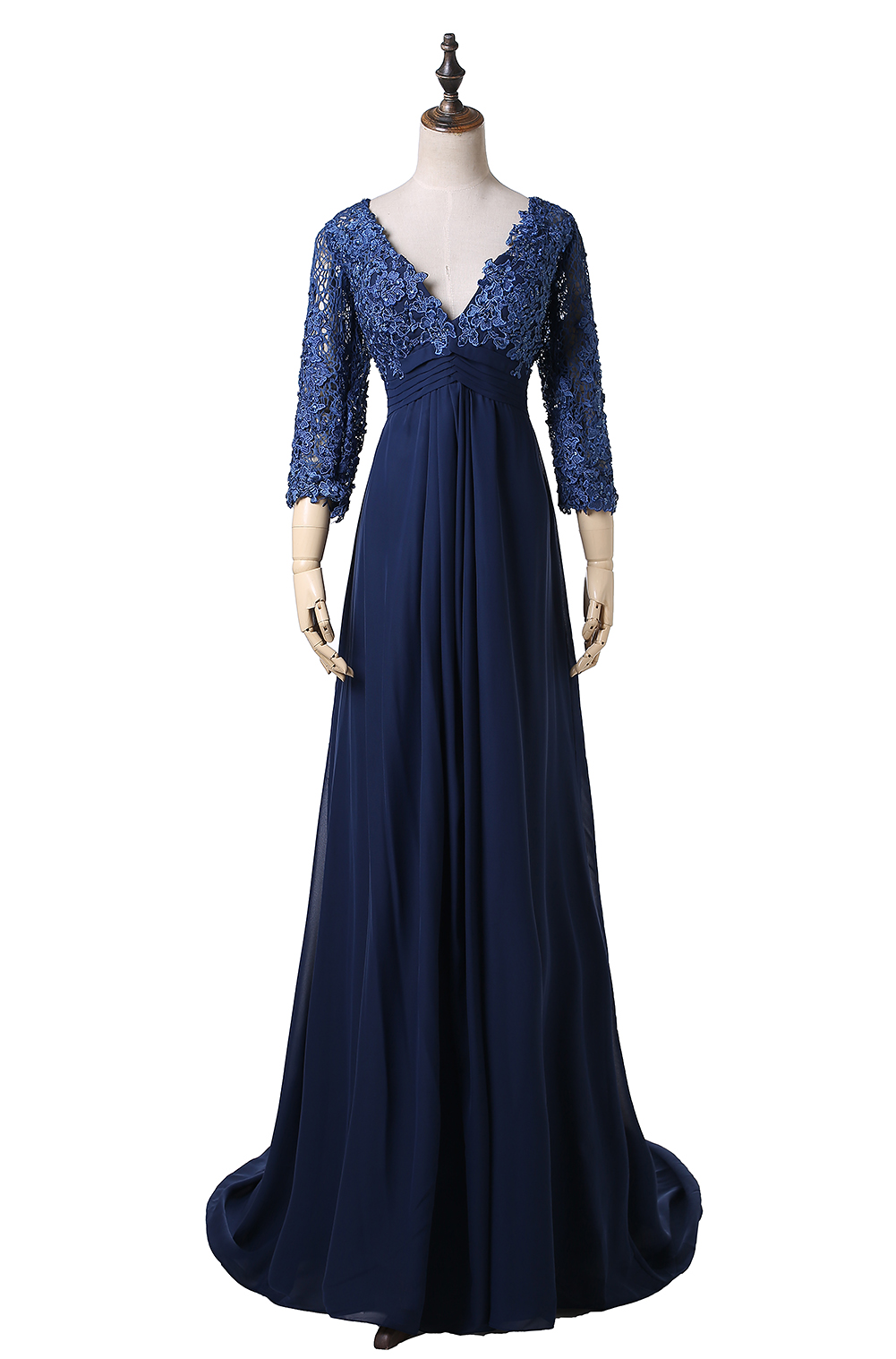Hot Selling Empire Navy Evening Dresses 3/4 Sleeve V-Neck Lace Chiffon Floor Length Party Gowns Zipper Back Custom Made E228