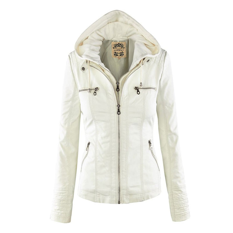 

Wholesale-Women's Female PU Leather Hooded Lapel Zipper Pockets Stylish Jackets White/Black/Coffee/Khaki/Apricot M/L//XXL