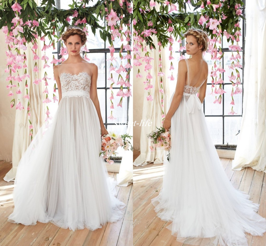 

Cheap Flowy Beach Wedding Dresses 2019 Sheer Illusion Neckline Lace Bodice Tulle Skirt Bridal Gowns Low Back Bohemia Bridal Dresses Vintage, Black