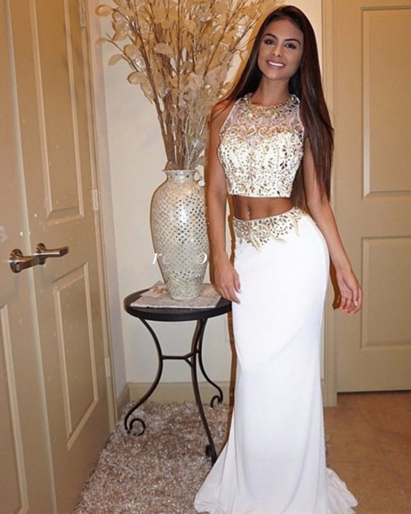 

Gold Crystal Beaded Two Pieces Prom Dresses 2016 Robe De Soriee A Line Floor Length White Chiffon Beautiful Pageant Party Gown, Pink