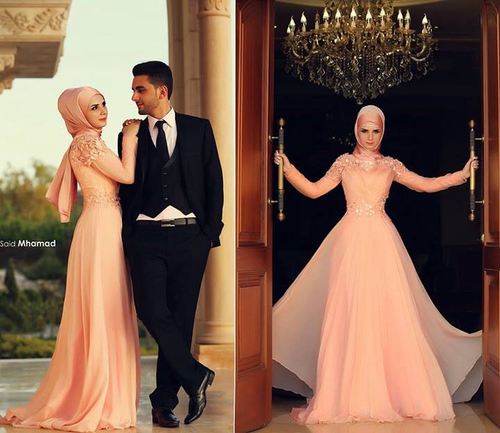 

Muslim Evening Dresses Long Sleeves Hight Neck Abaya kaftan Prom Dress hijab for Muslim Women Peach Chiffon Dubai Arabic Formal Dresses, Coral