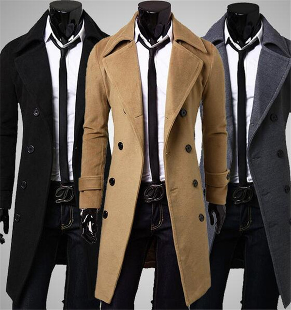 New Brand Autumn mens long pea coat Men's woolen Coat Turn down Collar Double Breasted men trench coat