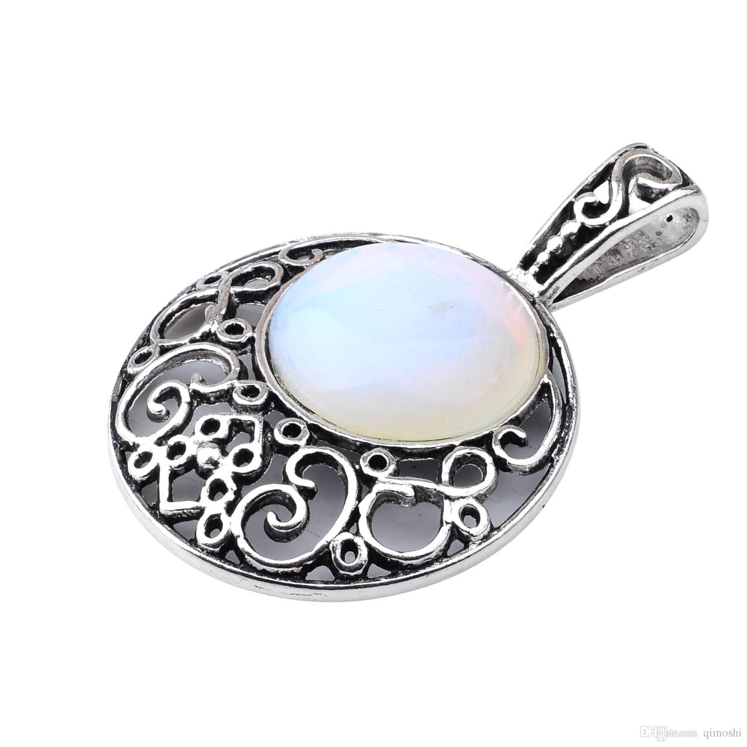 

Semi Precious stone Opal & Opalite Pendants 40MM Plated Silver Alloy 20MM Cabochon Crystal Women Necklace jewelry 60cm Chain