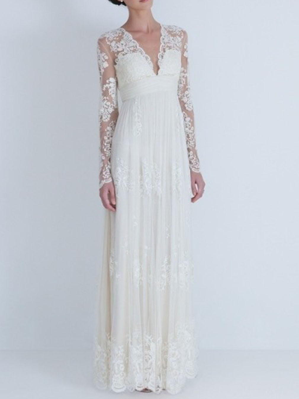 

2019 High Quality Floor Length Sheath Wedding Dresses Sexy V-neck Long Sleeves Illusion Bridal Dress Zipper V-back Lace Straps Wedding Gowns, Gold