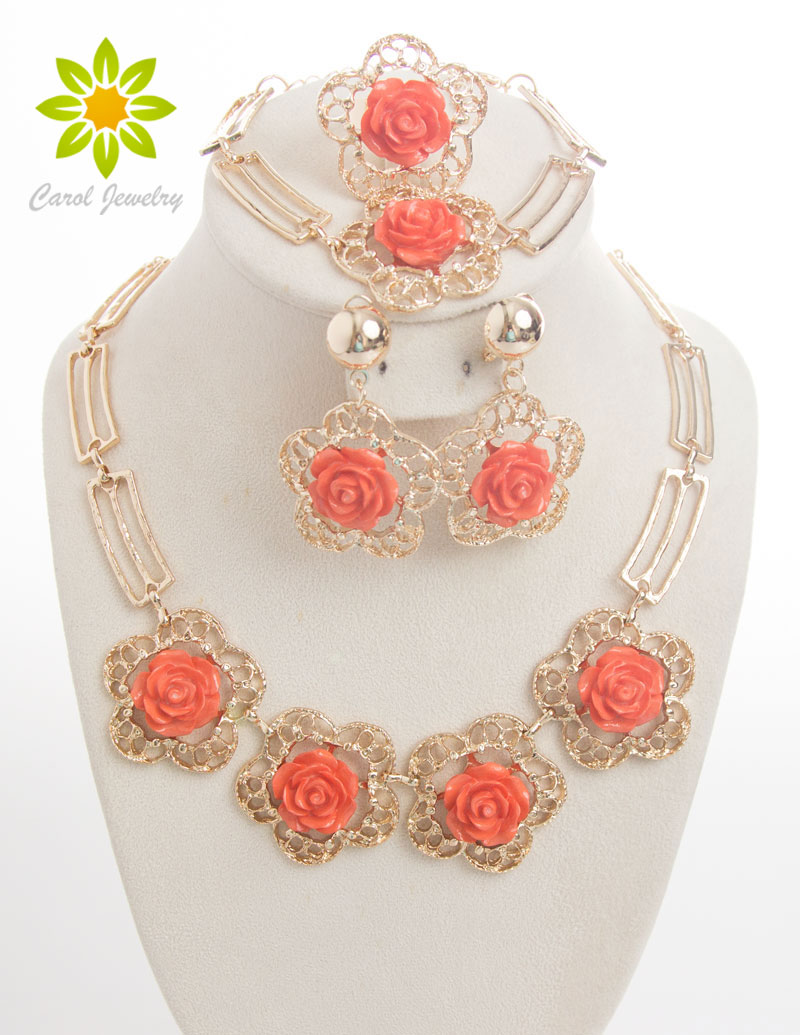 

Accessories Wedding African Beads Jewelry Set 18k Gold Plated Vintage Flower Earring Bracelet Necklace Ring Fashion Hollow Out, Golden