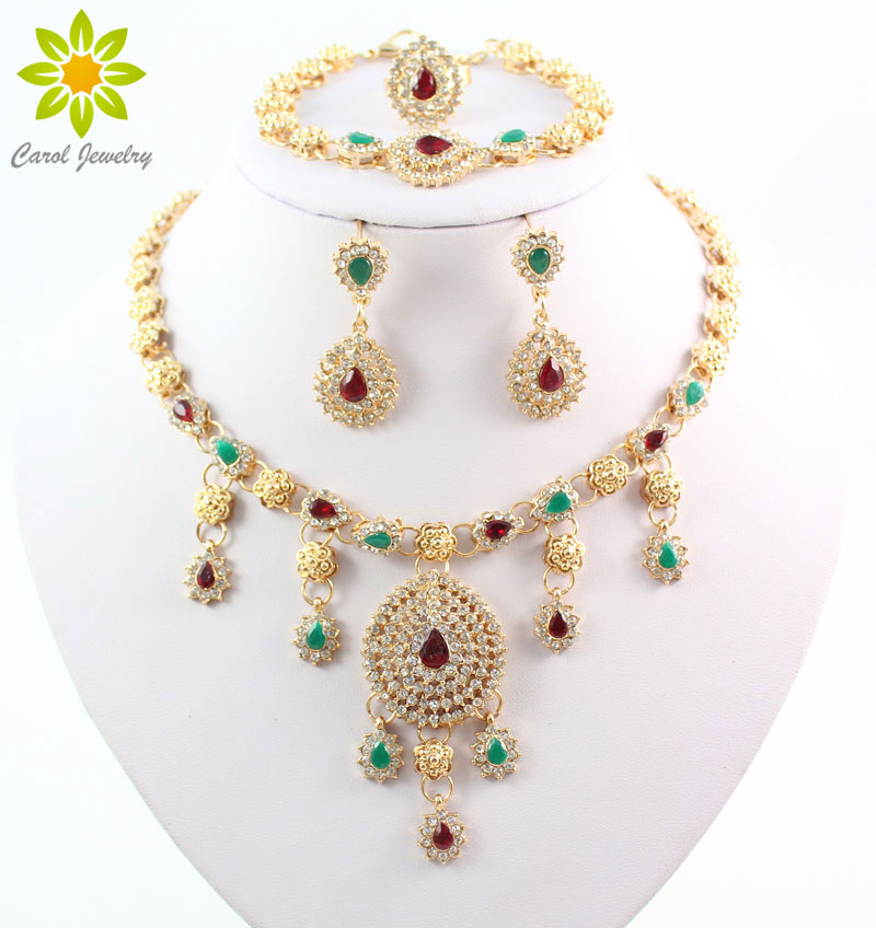 

High Quality 18K Gold Plated Statement Jewelry Set Crystal Necklace Earrings Sets Beads Fashion Party African Wedding Vintage, Golden
