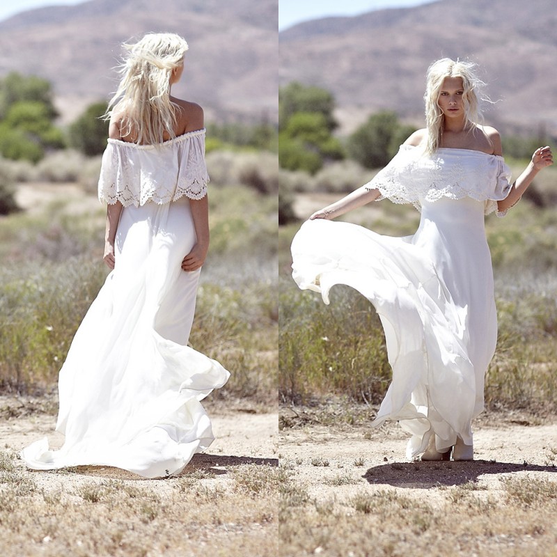 

Chiffon And Lace Off Shoulder A Line Bohemian Wedding Dresses 2015 Spring Half Sleeve Back Zip Court Train Dress For Country Wedding EN6037, Champagne