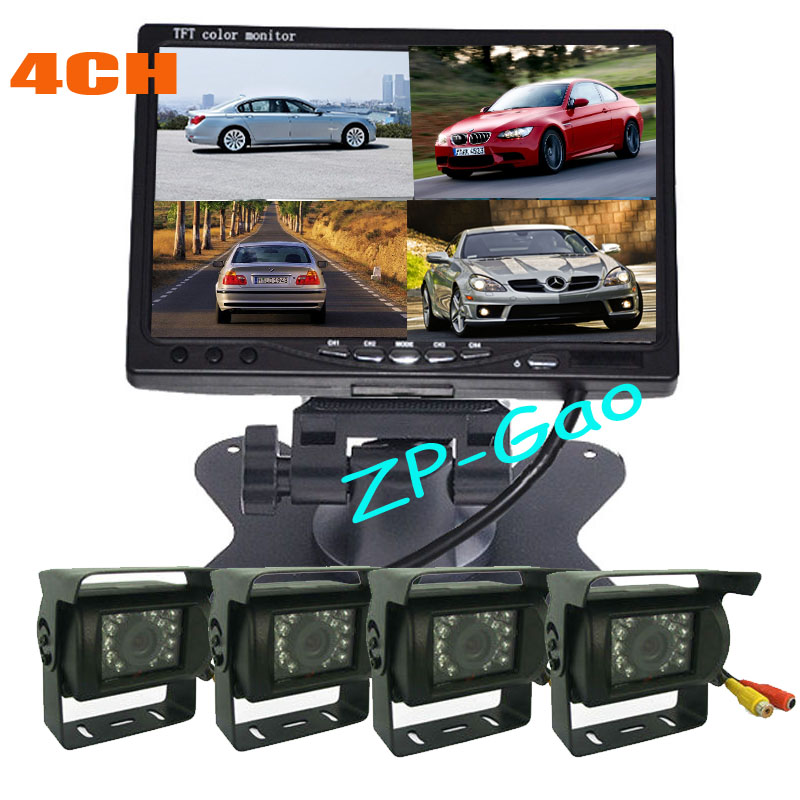 4x 18LED IR CCD Reversing Backup Camera + 7" LCD 4CH Video input Quad Split Monitor Car Rear View Kit-image-210894092