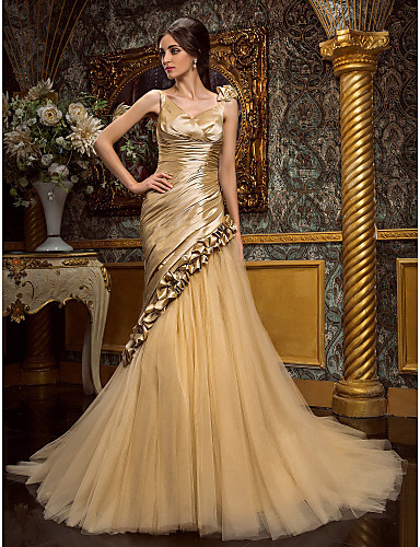 

2016 New Hot Sale Fashion Trumpet/Mermaid Champagne Champagne Court Train Sleeveless V-neck Tulle/Taffeta Wedding Dresses 233, Same as image