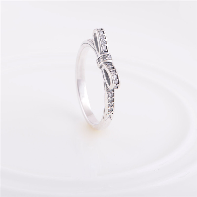 

Authentic 925 Sterling Silver Bow Pattern Engagement Ring Wedding Rings For Women Fits European Pandora Style Charm
