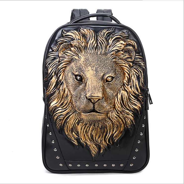 

The New Pu Punk Backpack Male Trade 3d Animal Lion Head Cool bag Outdoor Travel All-match Computer Backpacks