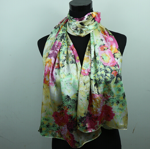 

1pcs Colorful Peony Peacock Feathers Scarves Light yellow Women's Fashion Satin Oil Painting Long Wrap Shawl Beach Silk Scarf 160X50cm