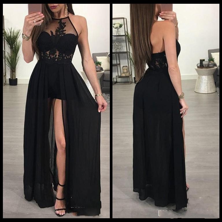 

hot sale Sexy Black Prom Dresses A Line Halter Appliques Backless High Split Chiffon Long Modest Evening Party Pageant Gowns Vestidos Cheap, Dark navy
