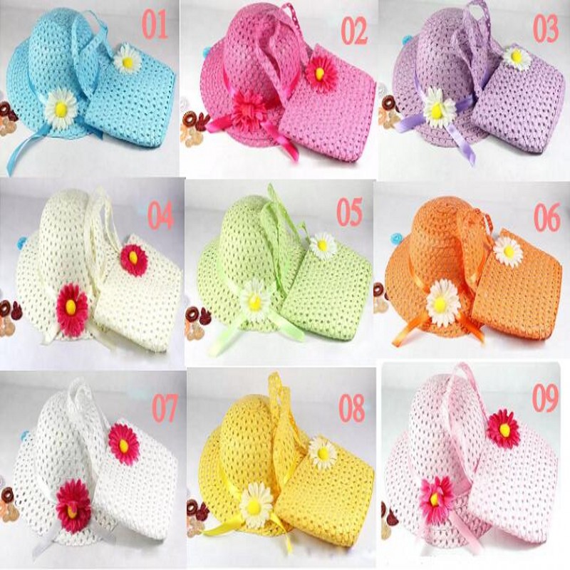 

Summer Fashion Hawaii Style Kids Girl Beach Hat Sun Protection Lovely Sunflower Straw Hat Flower Cap Bag Cap, 1 set=1 hat+1 bag