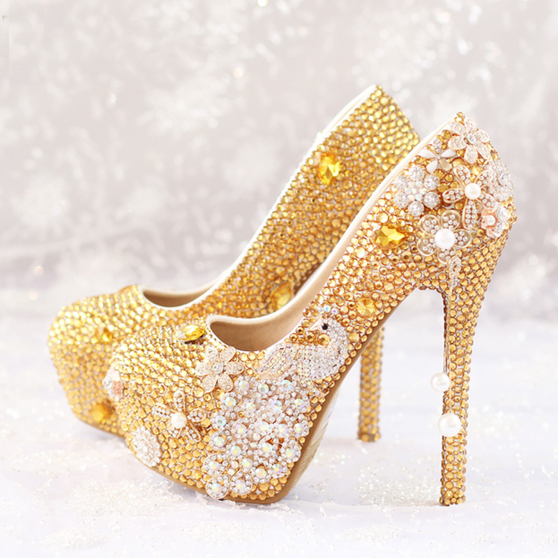 

Glitter Gold Rhinestone Wedding Shoes 5 Inches High Heel Party Pumps Bling Diamond Evening Prom Heels Celebrity Function Shoes