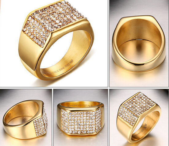 

Brand New High Quality Gold Plated Stainless steel Women Men Gift 11mm Wide Band Ring With Shinning Crystals Drill 7#-12#