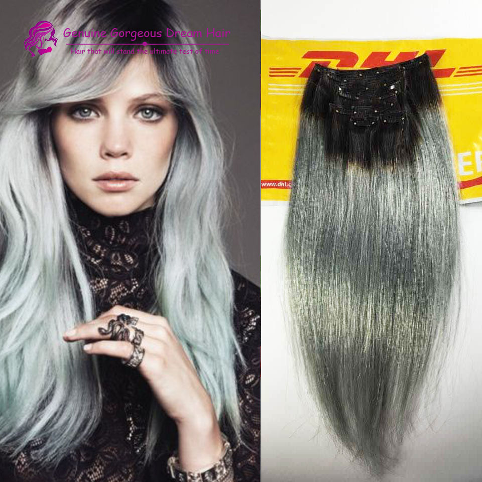 

2015 Fashion black to grey mermaid colorful ombre Brazilian clip in hair extensions Two ombre sliver grey clip in hair 7pcs Set