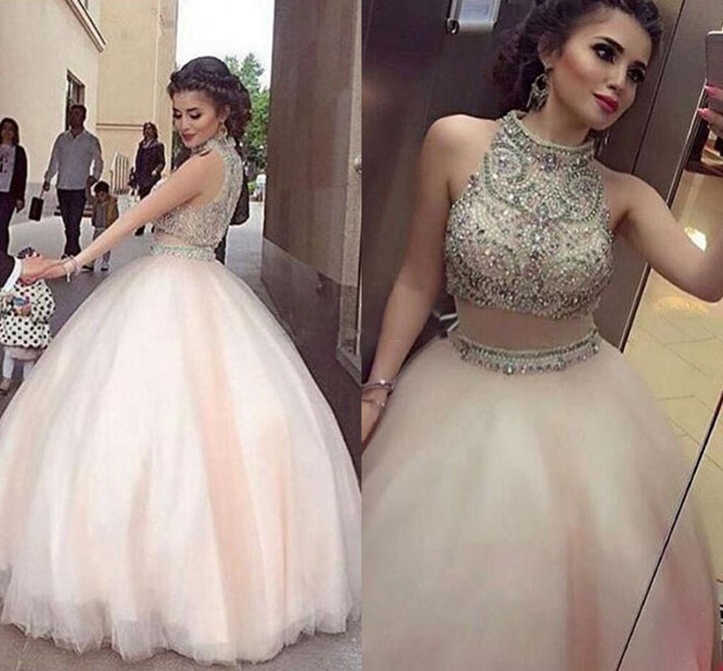 

Light Pink Ball Gown Quinceanera Dresses High Neck Crystal Beaded Tulle Floor Length Two Piece Prom Dresses Arabic Dubai Formal Evening Gown, Same as picture
