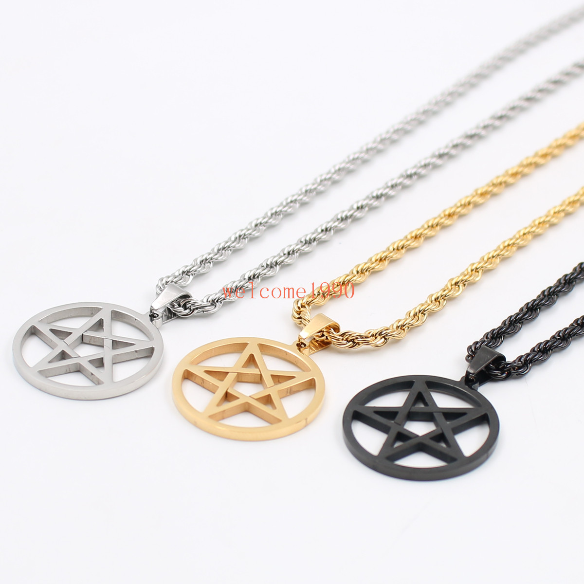 

Silver/gold/black Trendy 4mm 22 inch ROPE Chain Stainless Steel 30mm jewish Wicca Inverted Pentagram religion Pendant necklace