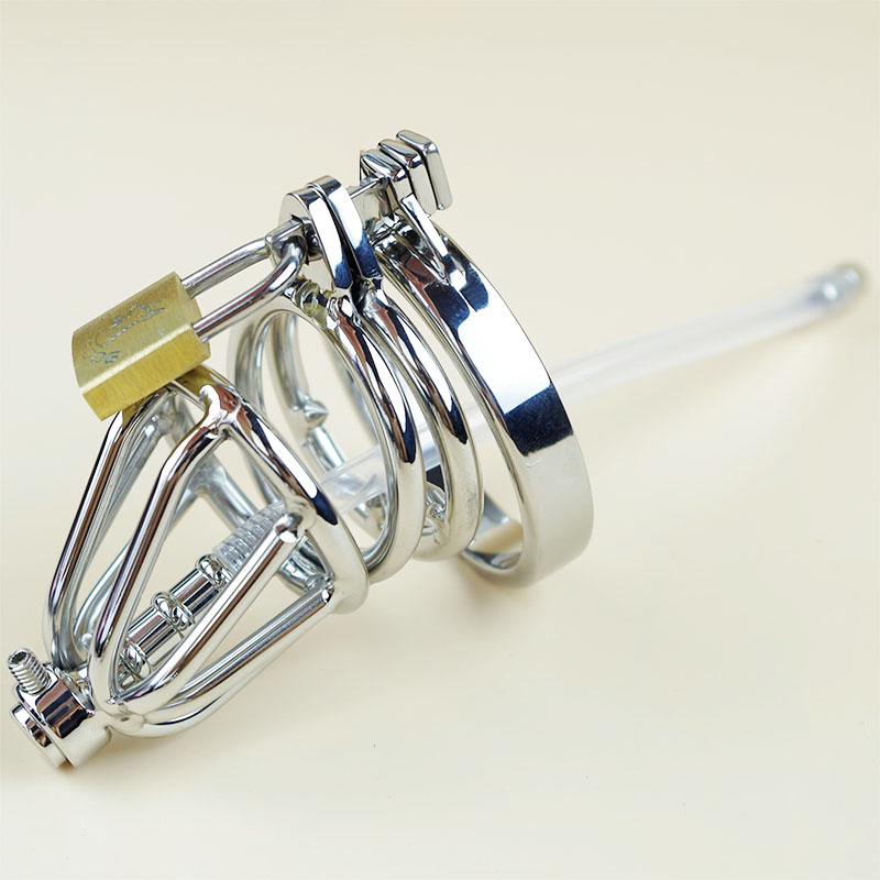 

Stainless Steel Chastity Cage with Hollow Removable Urethral Insert Tube Barbed Anti-off Ring Bondage Gear SM Bondage Hood Device