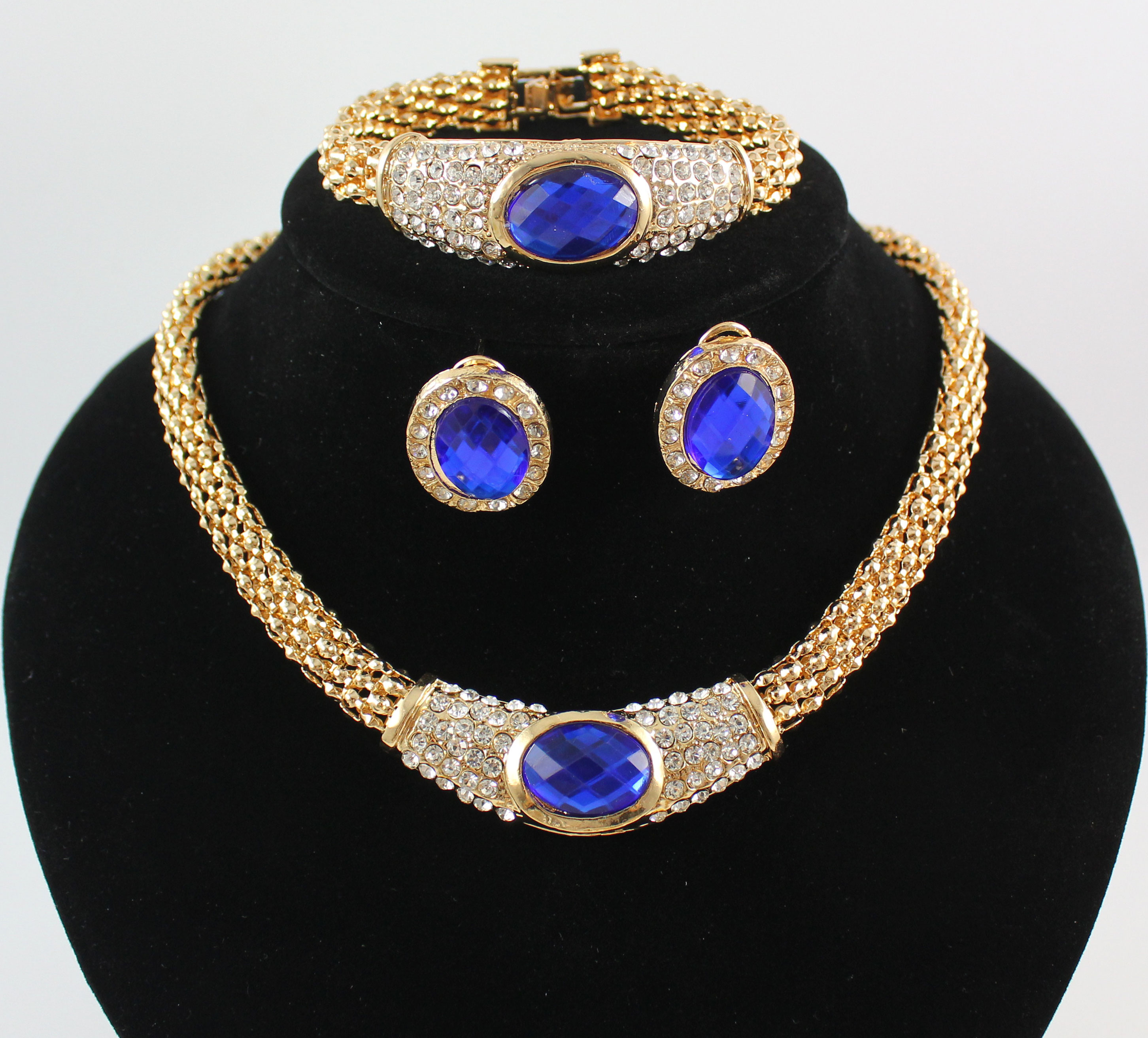 

African Jewelry Sets Fashion 18K Gold Plated Crystal Gem Pendant Necklace Earring Bracelet Wedding Party Set 4 Colors Choose, Dark blue