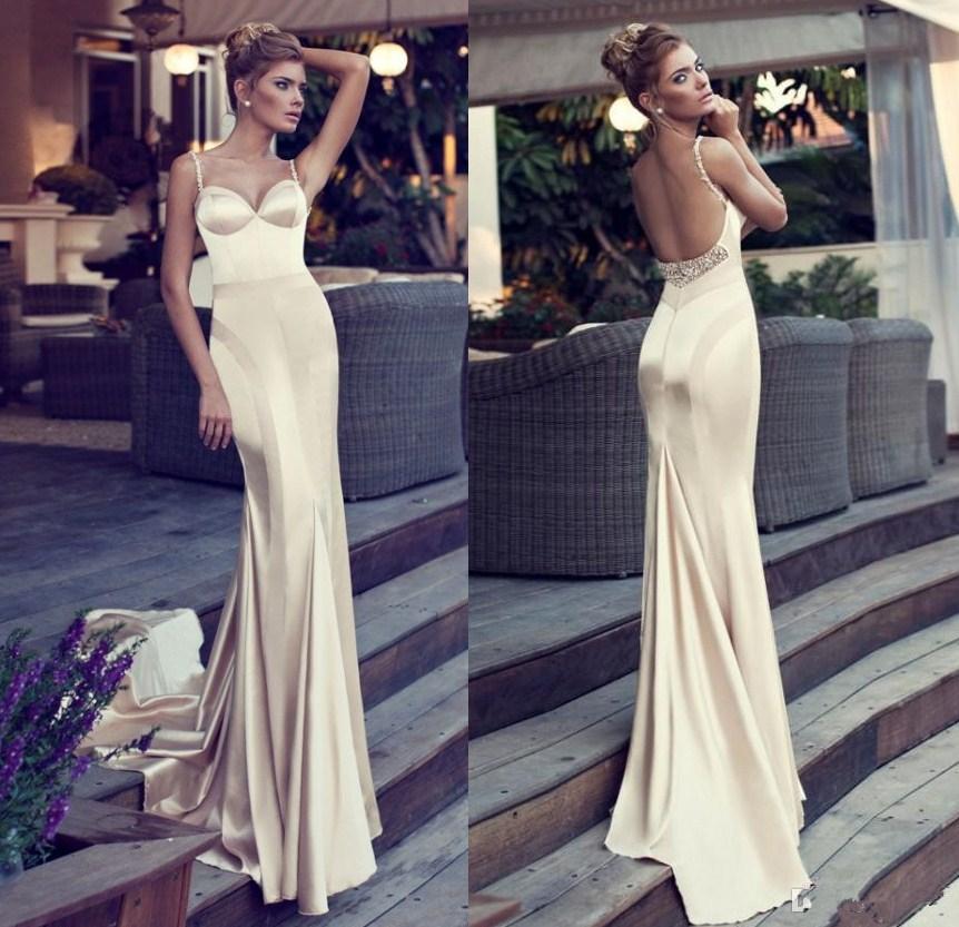 

Gorgeous 2017 Champagne Gold Mermaid Evening Dresses Spaghetti Straps Sweetheart Beaded Low Back Satin Chapel Train Prom Gowns Party Dress, Green