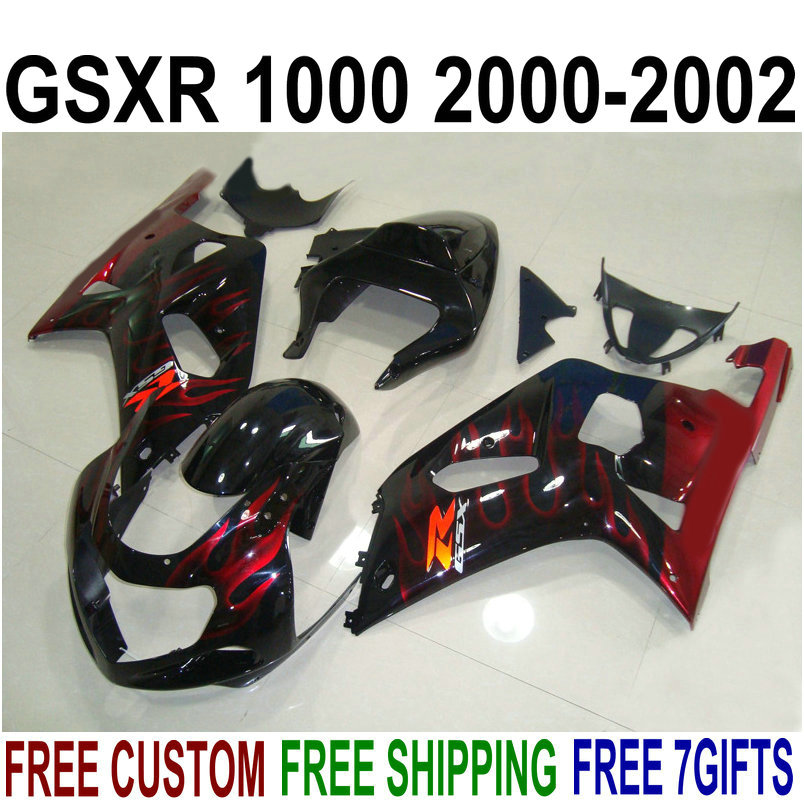 Fairing kit for SUZUKI GSX-R1000 K2 2000 2001 2002 plastic fairings 00 01 02 GSXR 1000 red flames in black aftermarket set YR59-image-269862082