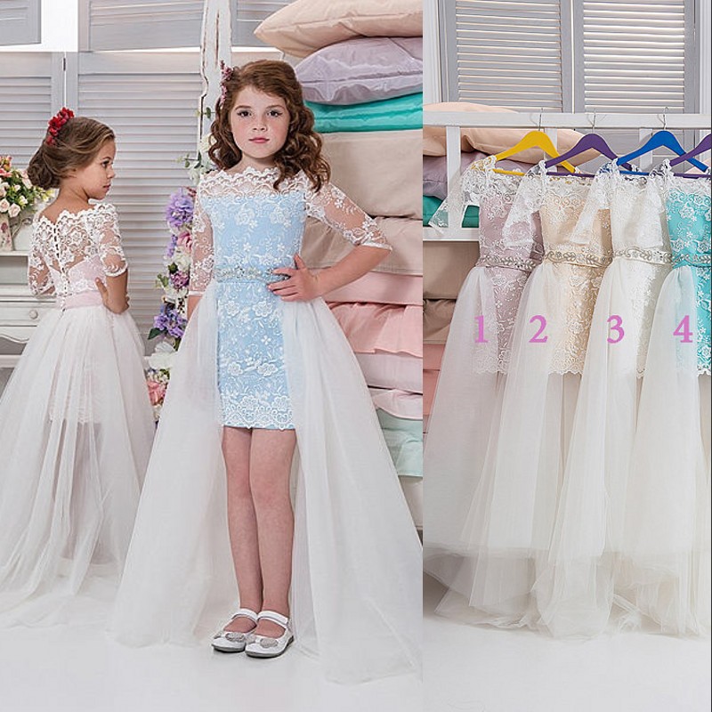 

Lace High-low Flower Girl Dresses With Tulle Over-Skirt Bateau Half Sleeves Beaded Birthday Party Dress Fairy Princess Girls Pageant Dress, Gold